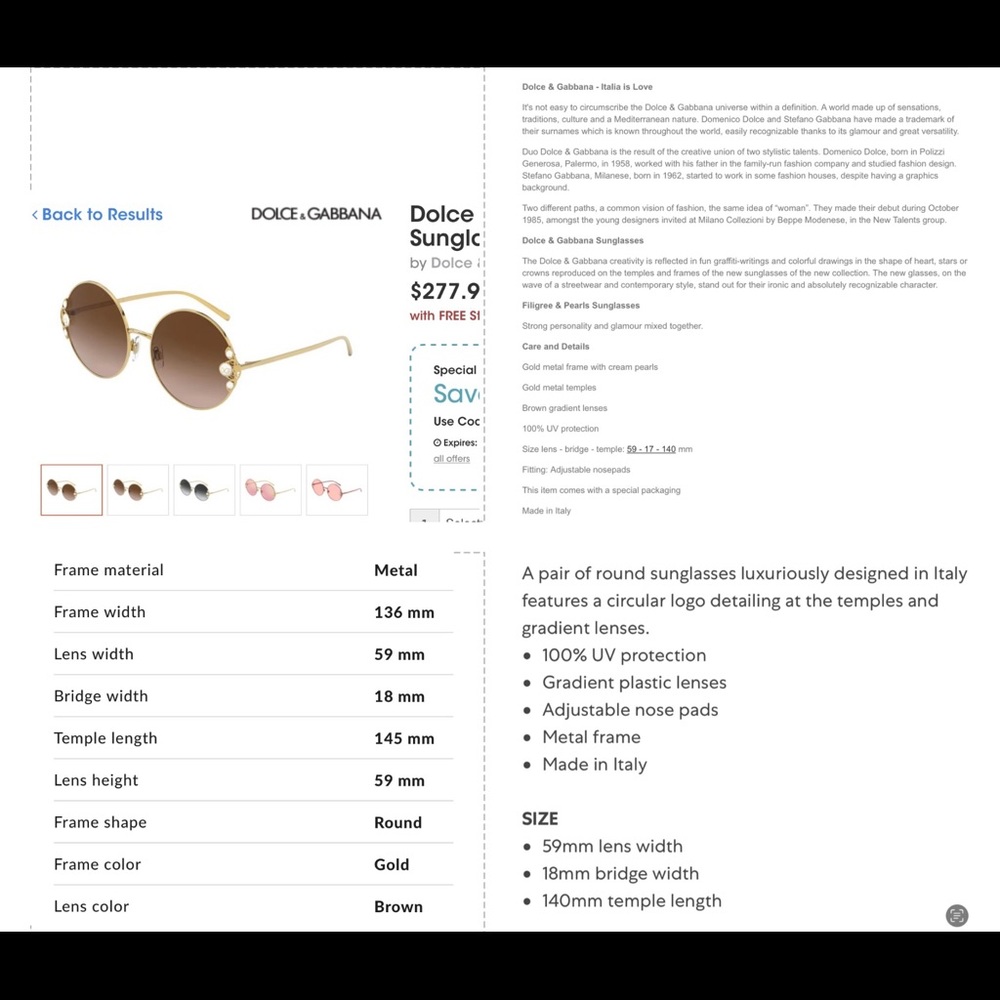 DOLCE & GABBANA ROUND SUNNIES WITH EMBELLISHED PEARLS WITH GOLD LOGO DETAILING - Picture 14 of 16